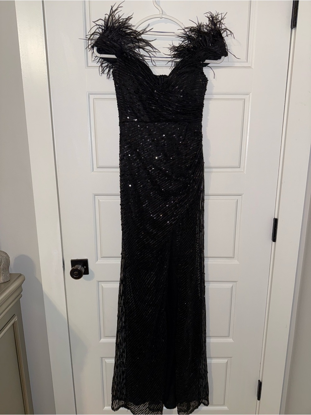Black Feather-Trim Sequin Prom Gown
